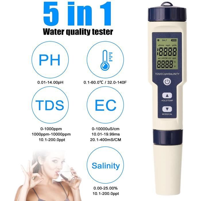 Testeur de Qualité de l'eau 5 en 1, Testeur PH Mètre Précis Compteur TDS EC  mètre et Stylo de Test de température avec LCD A206 - Cdiscount Jardin