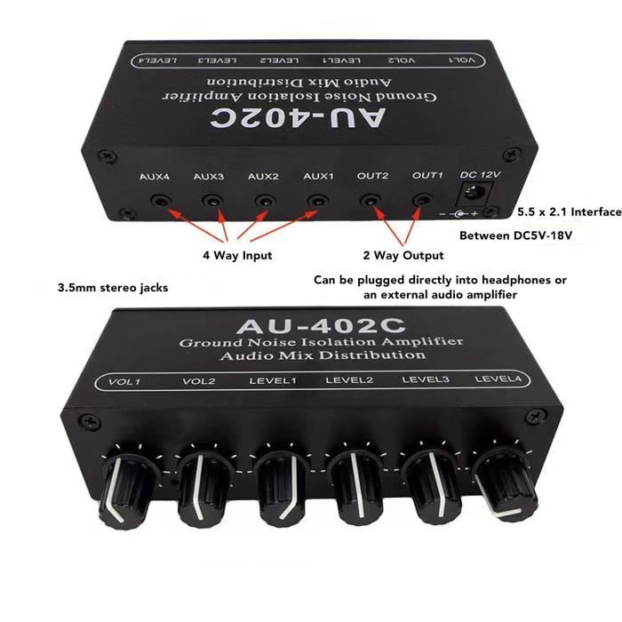 Duokon séparateur audio double canal Répartiteur audio stéréo double canal  4 en 2 sorties amplificateur d'isolation du bruit au