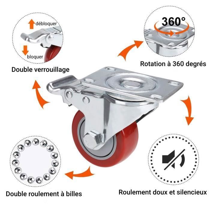 Roulette Pivotante Freinée HTR – 200mm, Charge 400kg, Polyuréthane Rouge