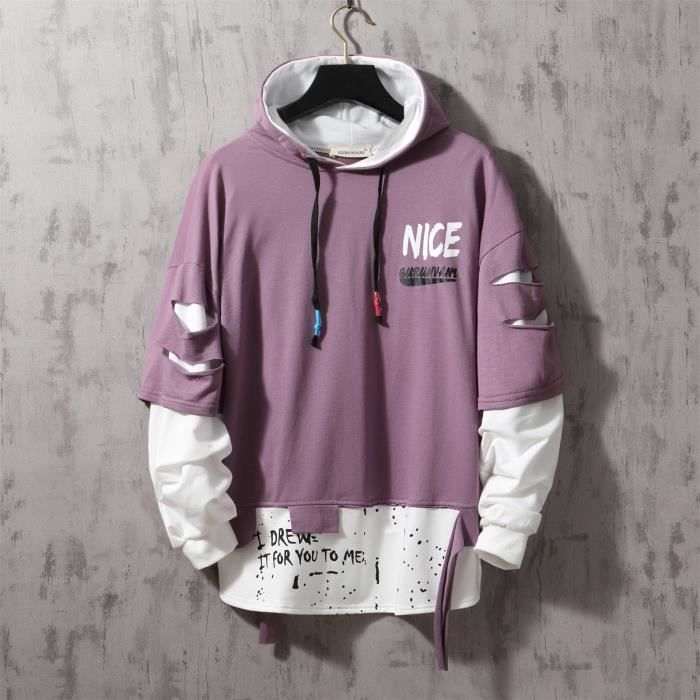Sweat a capuche tendance pour homme Hip Hop Patchwork Sweat a capuche Graffiti avec cordon de serrage Violet Cdiscount Pret a Porter