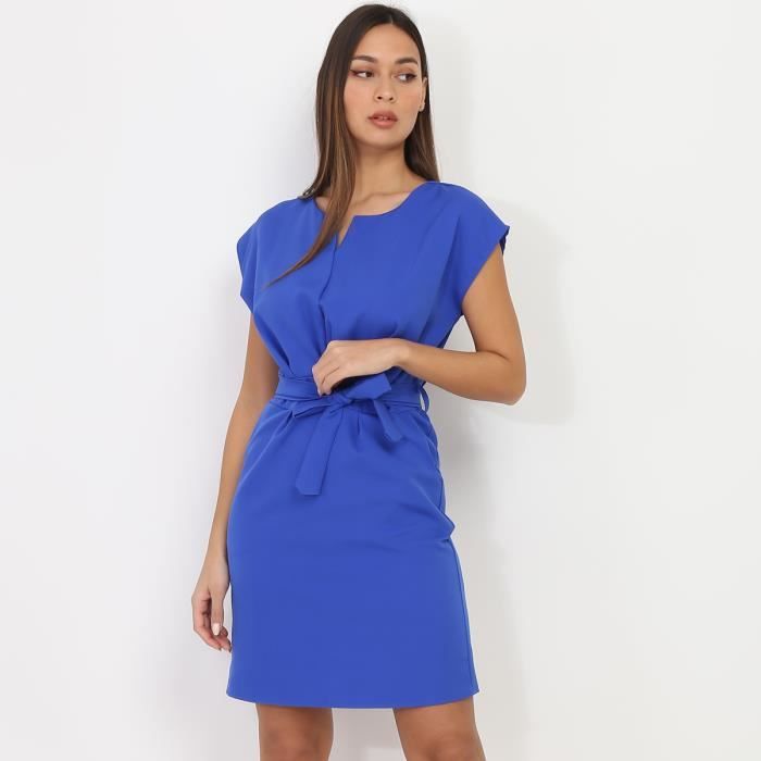 Robe avec ceinture a nouer et col fendu Bleu Cdiscount Pret a Porter