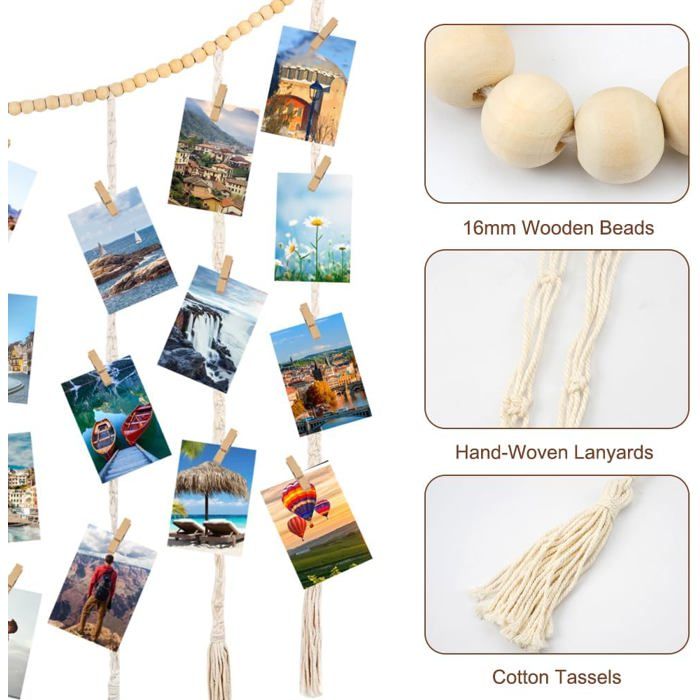 Cadre De Collage Pour Mural, Cadre Photo Mural Avec Corde, Porte-Photos Avec 30 Petites Pinces