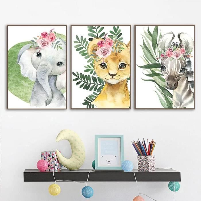 Lot 3 Affiches Animaux Savane Jungle Bébé - Éléphant Zèbre Tigre 30x40 Cm - Décoration Murale Enfant Sans Cadre