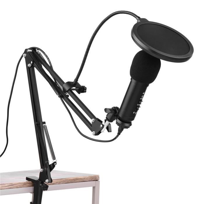 OLSKFUH Kit Micro Condensateur USB Avec Bras Ciseaux Et Suspension Antichoc – Idéal Streaming, Podcast, Chat Vocal, Noir