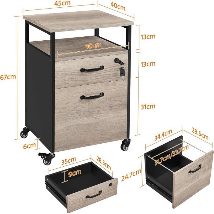 Caisson de bureau caisson de rangement classeur armoires basses 2 tiroirs  54,5 cm pour dossiers suspendus noir 12_000036