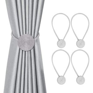 gris argenté + blanc avec 4 crochets à vis en métal boucle tricotée à la main Lot de 4 embrasses de rideaux en corde pour rideau de fenêtre