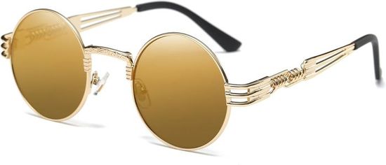 Lunettes de Soleil Rondes Unisexes, Lunettes de Soleil Vintage Rondes Rétro Hippie Steampunk Protection Monture en Métal, Or