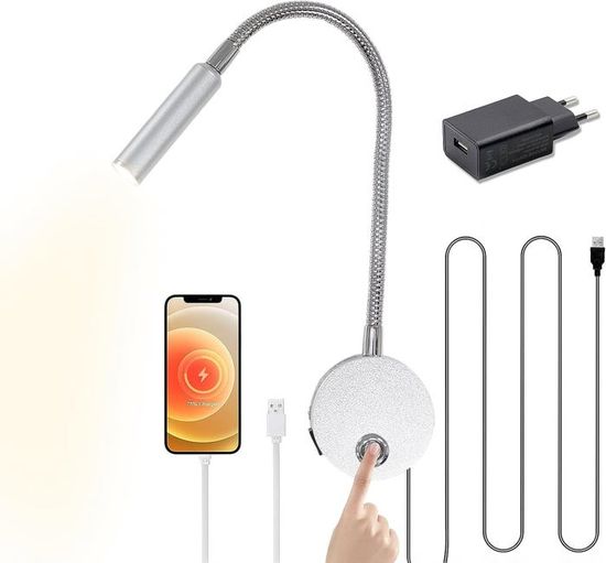 Applique Murale LED Dimmable - Col Cygne Flexible - Port USB - Pour Lecture Au Lit - 3W - Blanc Chaud