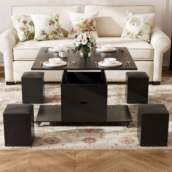 Table Basse Relevable VOWNER 3 En 1 - Avec 4 Tabourets Rangement - Transformable En Table à Manger Ou Bureau - Blanc
