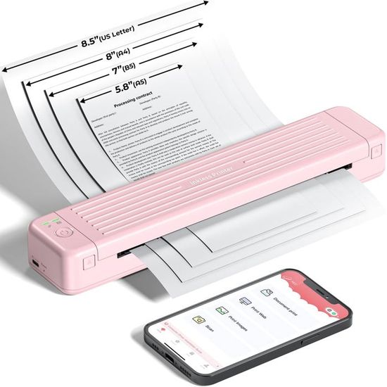 Imprimante Thermique Portable A4 ASprink M08f - Bluetooth, Sans Encre, Papier Thermique 8.27x11.69 Pouces, Pour Android/iOS