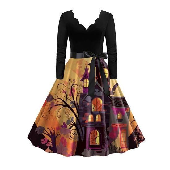 Robe Balançoire Halloween Pour Fille - Col Peter Pan, Jupe évasée, Tailles 7 à 13 Ans