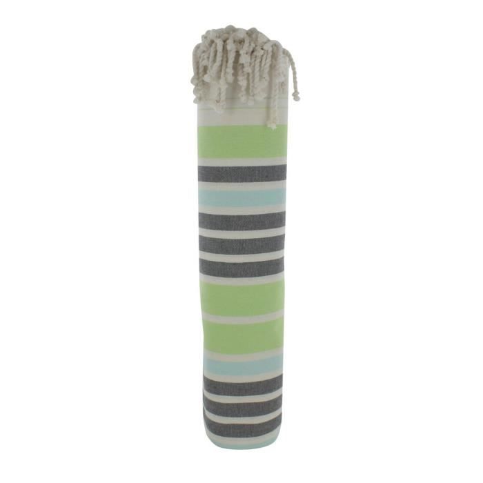 Les Poulettes Bijoux - Grand Fouta Drap Plage et Hammam Coton Couleur Beige Petites Rayures Vert Gris Turquoise 200 x 200cm