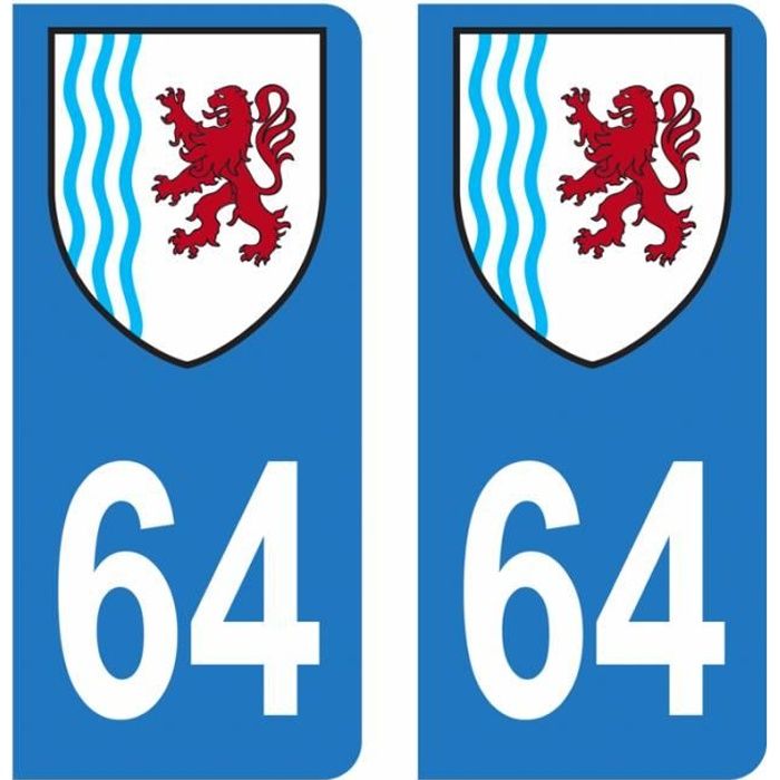 Lot 2 Autocollants Stickers plaque immatriculation voiture auto département 64 Pyrénées-Atlantiques Logo Nouvelle Aquitaine