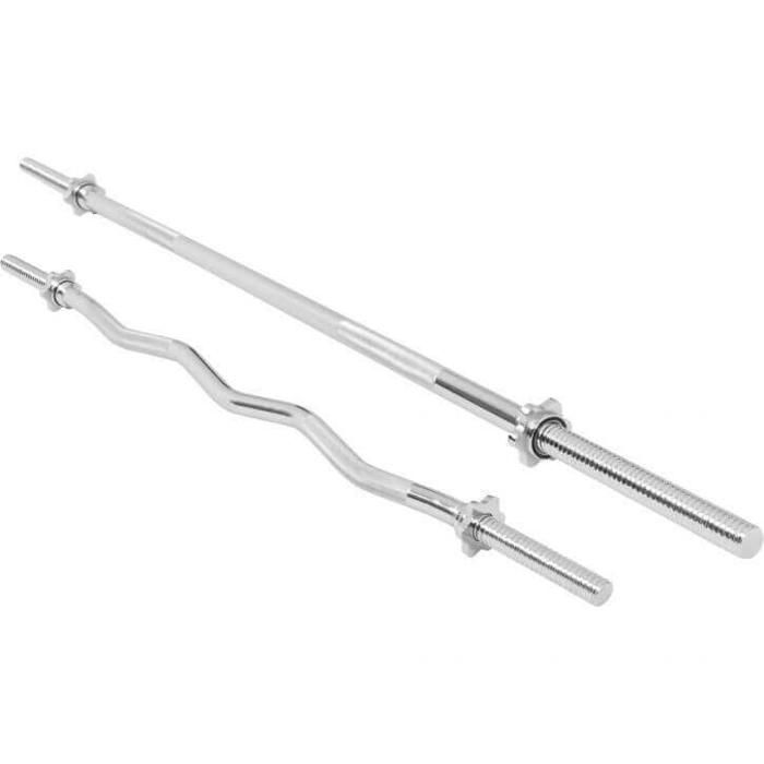 Lot : Barre longue de 170cm + Barre curl de 120cm, diamètre 30mm avec bague de serrage