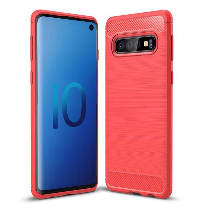 Coque Samsung Galaxy S10, Rouge Fibre de Carbone Silicone Souple Ultra-fin Couleur Pure Durable Protection Intégrale