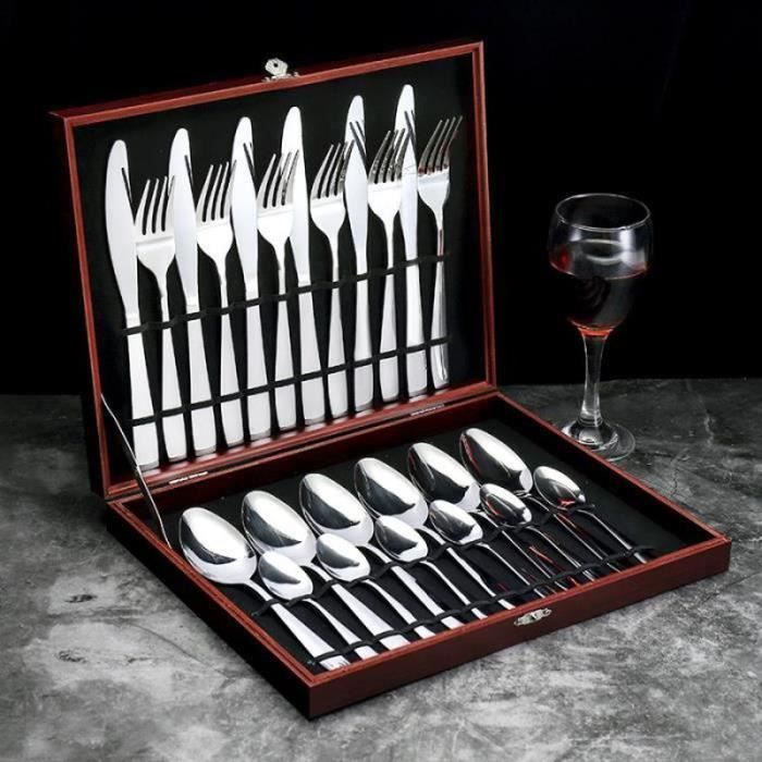 SE29386-Couverts de table, NetBoat Ensemble de couverts 24 pièces en acier inoxydable, Couverts avec coffret en bois, Service po