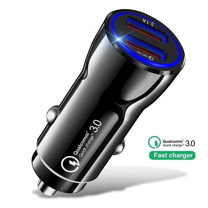 Chargeur Allume Cigare Voiture Noir Rapide double Port USB Quick Charge 3.0 Universel pour Samsung iPhone Huawei
