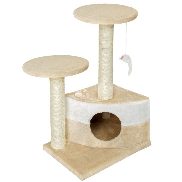 TECTAKE Arbre à chat 71 cm TOMMY Griffoir 1 Cabane + 1 Souris Beige