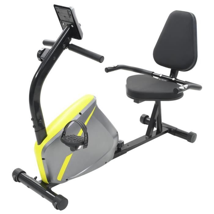 RIN- Vélo d'appartement magnétique couché - avec mesure du pouls - métal et plastique - 136 x 56 x 92,5 cm - gris et jaune