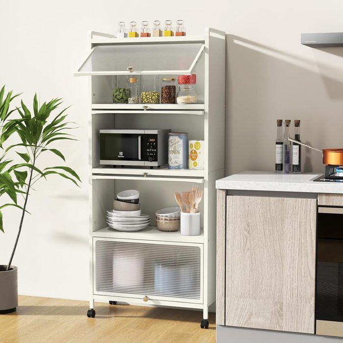 GIANTEX Buffet de Cuisine à 5 Étages- avec 4 Portes Escamotables+ 4 Roulettes- Meuble de Rangement pour Salon/Salle de Bain- Blanc
