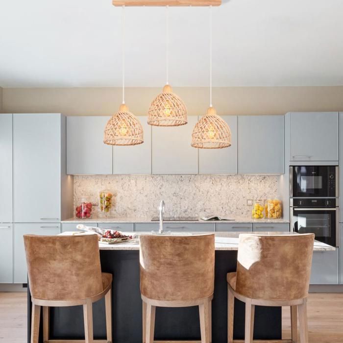 IDEGU 3 Lampes Suspensions Rétro en Bois et Bambou Lustre Abat-Jour Design Spirale Cage pour Salon Chambre