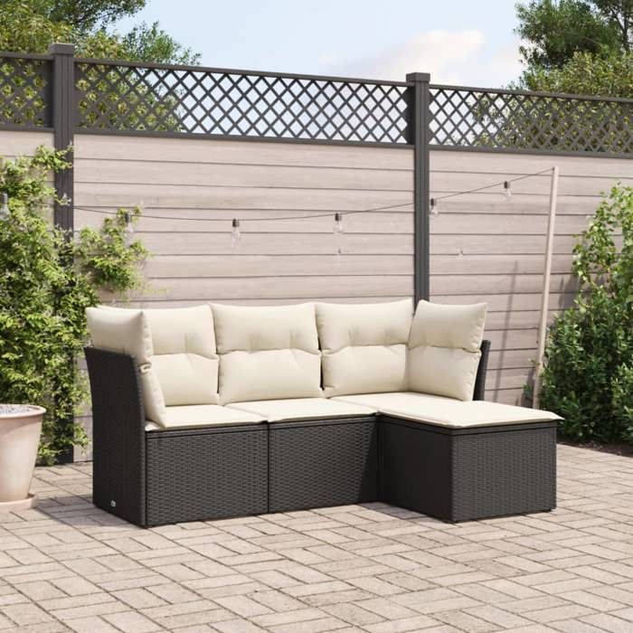 vidaXL Salon de jardin 4 pcs avec coussins noir résine tressée 3249375