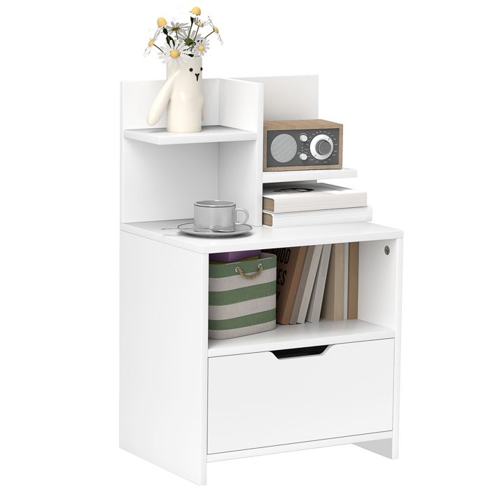 Table de chevet - HOMCOM - avec tiroir niche et étagères de rangement - effet bois - 45 x 35 x 73 cm - blanc