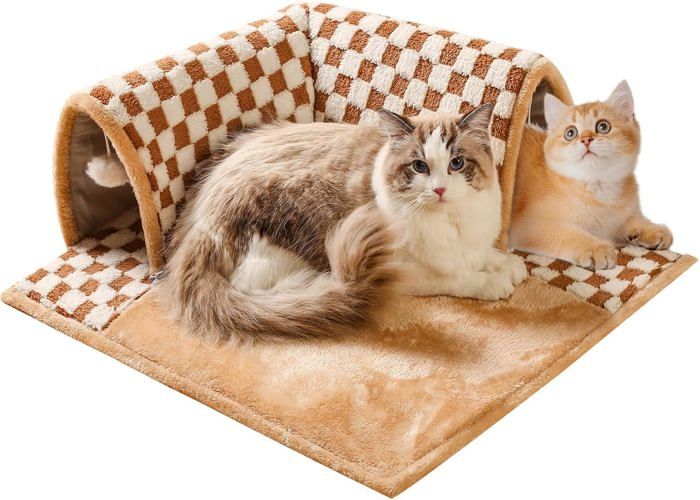 PawHut Tunnel Pour Chat Intérieur, Rond Tunnel Avec Lit Pliable Avec Coussin, Trous Pour Balles Et Judas, En Tissu Suède Doux, Jeux Interactifs Pour Chatons, Chiots, Lapins Et Petits Animaux, Gris