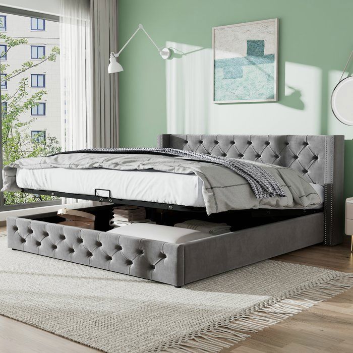 Lit coffre - VVBV - Style Chesterfield - 160 x 200 cm - Velours gris - Sommier inclus