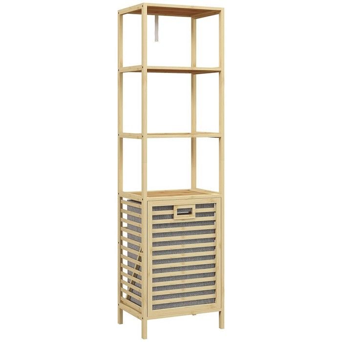 Colonne - Armoire Étagère salle bain bambou 44x33x160cm 3 étagères + panier tissu extensible gain place antidérapante naturel