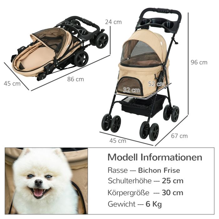 Meilleurs prix pour poussette pour chiens buggy pliable Pet Stroller pour petits chiens chats poussette pour animaux Oxford Khaki 67x45x96cm