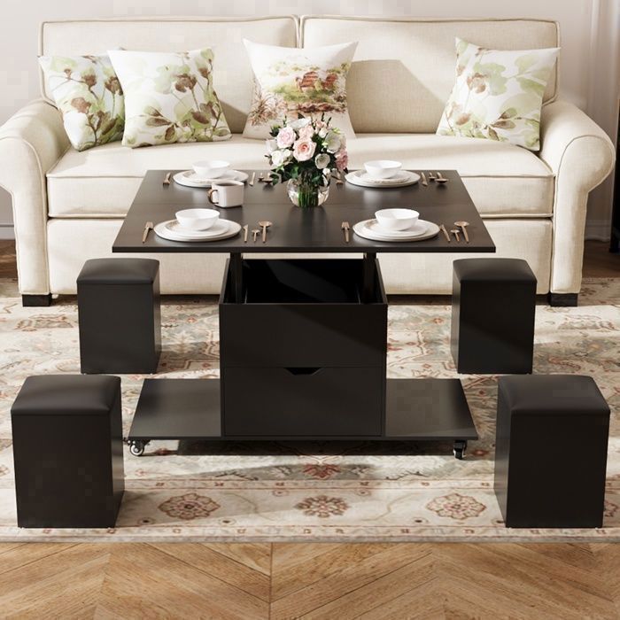 Table Basse Relevable -VOWNER - Table de Salon 3 en 1 avec Tiroir et 4 Tabourets Transformable en Table à Manger (Noir)