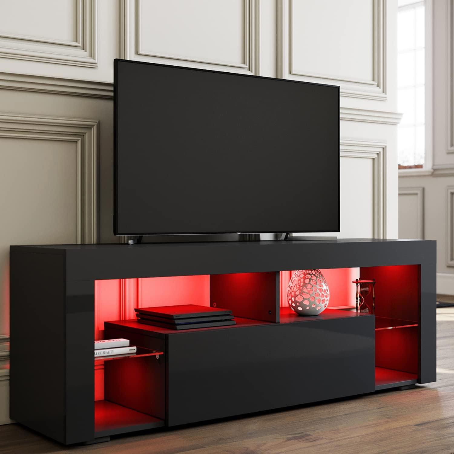 Meuble TV LED Noir SIRHONA 140cm - Banc TV Avec Éclairage RGB Réglable, Verre Trempé, Capacité 30kg Pour Salon Et Chambre