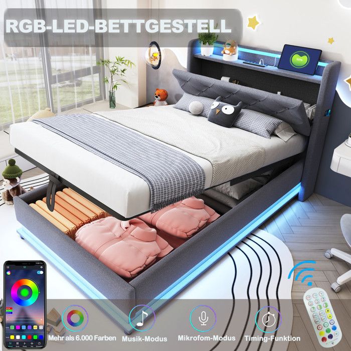 Lit Enfant 90X200 cm avec Lumières Changeant de Couleur et Prise USB Lit 1 Personne Espace de Rangement Hydraulique Gris