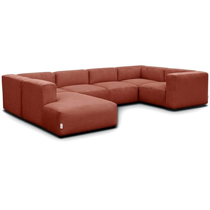 Canapé modulable panoramique 6 places méridienne droite + pouf en velours côtelé rouille - Modulo