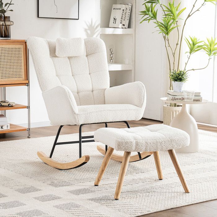 Fauteuil à bascule - Blanc - Ergonomique - Repose-pieds réglable - Dossier haut