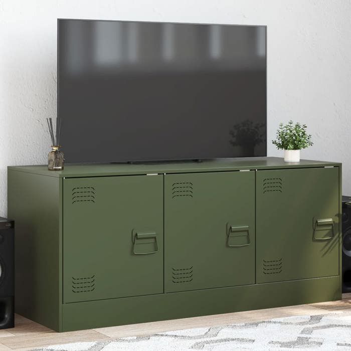 Meuble TV moderne - VIDAXL - Vert olive - 99x39x44 cm - Acier laminé à froid - Capacité 80 kg - 3 compartiments
