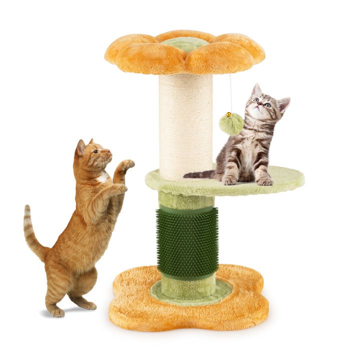 Comparer les prix de Arbre à Chat Multi-Niveaux 69 cm COSTWAY Forme de Fleur Plateforme en Peluche Poteau à Griffer en Sisal Balle Suspendue Jaune