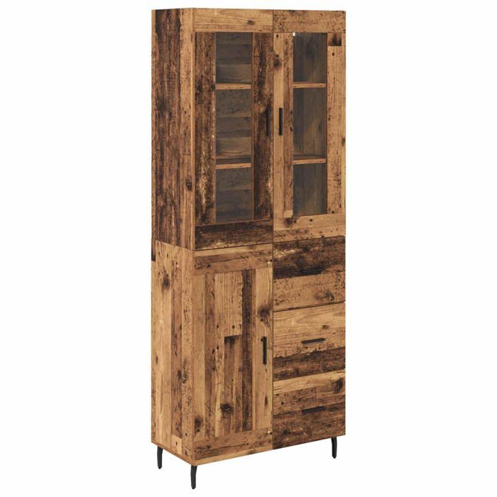 Buffet haut moderne - vidaXL - Bois ancien - 69 5x34x180 cm - Bois aggloméré et verre - 3 portes - Tiroir - Pieds en fer