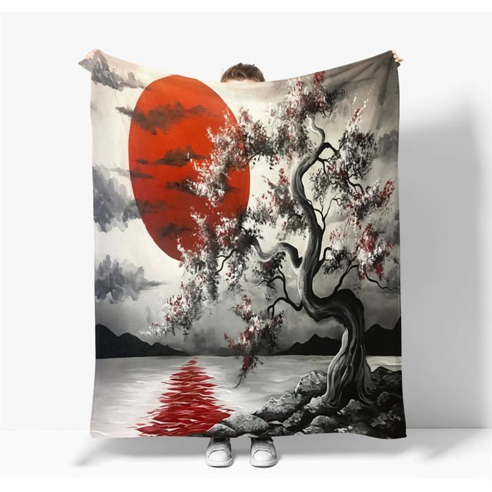 Style Japonais Cerisier en Fleurs Soleil Rouge Plaid Couverture Polaire Flanelle Jeté de CanapéCouverture Plaid 180x200cm