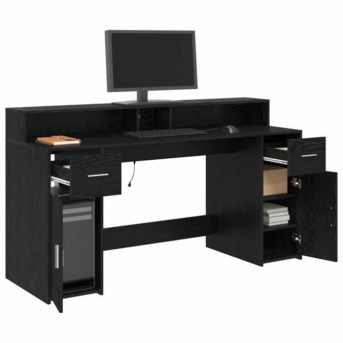 NEUFBureau dOrdinateur TableTable à écrire - 1 PERSONNE - Bureau avec porte Chêne noir 160 x 55 x 91 cm Bois dingénierie 03_350