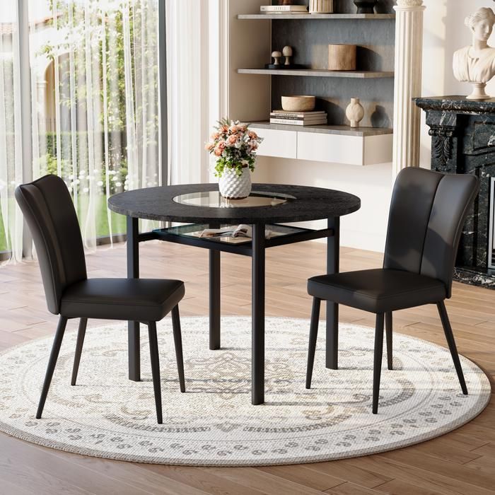 Ensemble de table ronde - 100 cm - Aspect bois noir - 2 fauteuils - Plateau MDF 2 5 cm