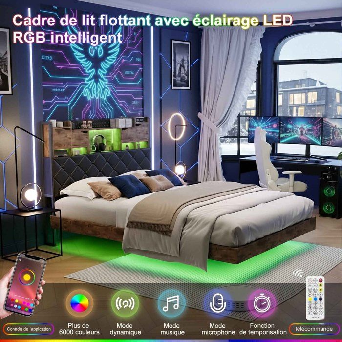 Lit Flottant 140x200cm - Tête de Lit Rangement & LED - Charge USB/Prise EU - Design Suspendu Moderne - Cadre de lit rembourré