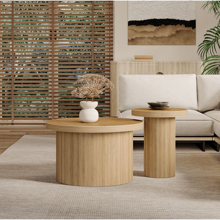 Table basse ronde double modulable - ELVMI - pour salon - en MDF bois naturel - lot de 2