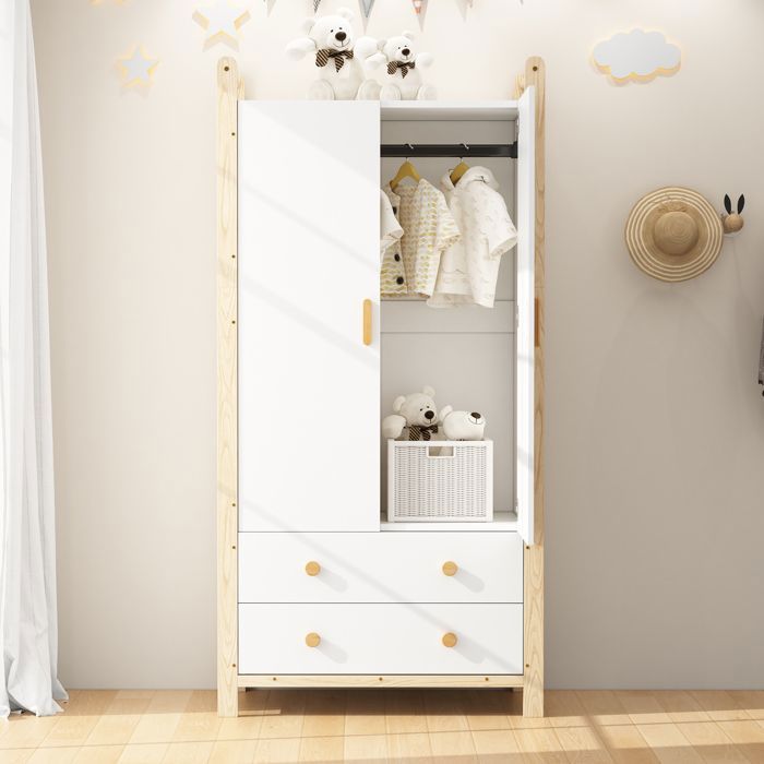 Armoire Chambre - MERAX - 2 Portes 2 Tiroirs et Penderie - Blanc & pin naturel - 90×45×180 cm - MERAX Armoire Chambre - MERAX - 2 Portes 2 Tiroirs et Penderie - Blanc & pin naturel - 90×45×180 cm - MERAX