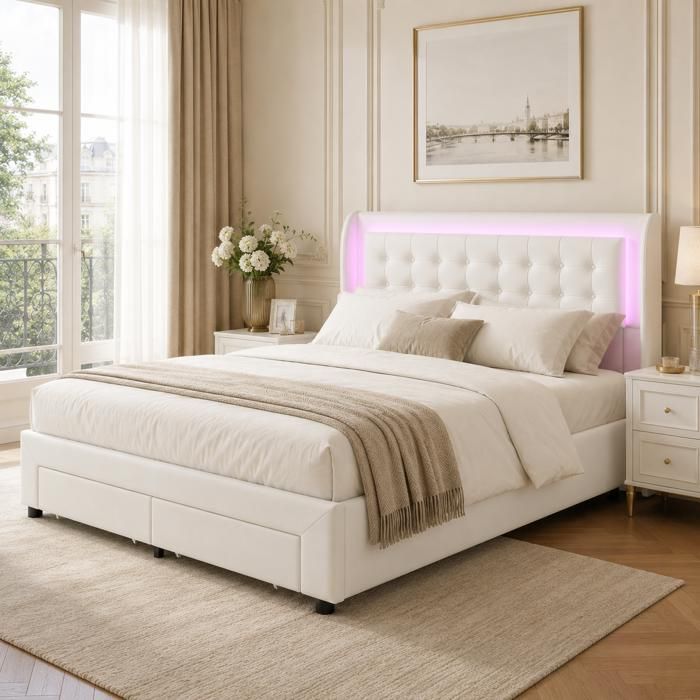 Lit coffre rembourré avec LED - 140x190 cm - Tête de lit sommier à lattes et espace de rangement - Lit double 140x190 cm - Beige Lit coffre rembourré avec LED - 140x190 cm - Tête de lit sommier à lattes et espace de rangement - Lit double 140x190 cm - Beige