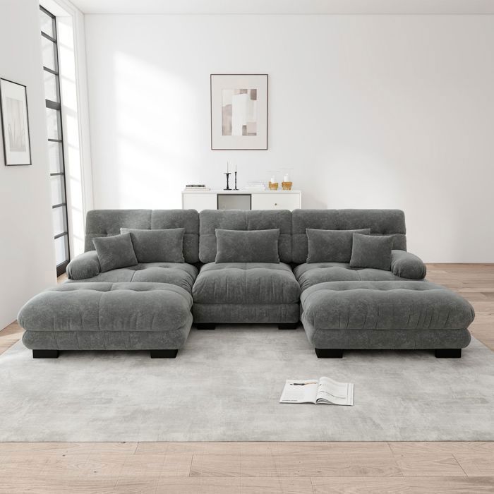 Canapé modulable 313x145x81cm Gris Tissu Chenille Canapé dangle en U Confort nuage profond Avec Ottomans Design salon moderne