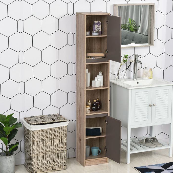 MOTHINESSTO107-Meuble colonne rangement salle de bain style cosy 30 x 24 x 170 cm 2 portes étagère 2 niches chêne clair gris