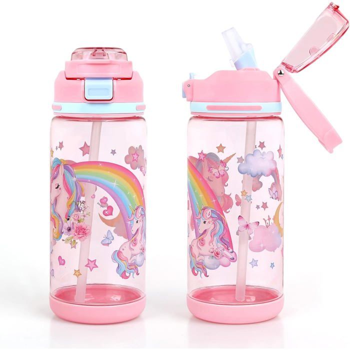 Gourde Enfant Anti-Fuite 600ml Maternelle avec Paille Verrouillage Sécurisé Bouteille Enfant pour École & Sport(Licorne)