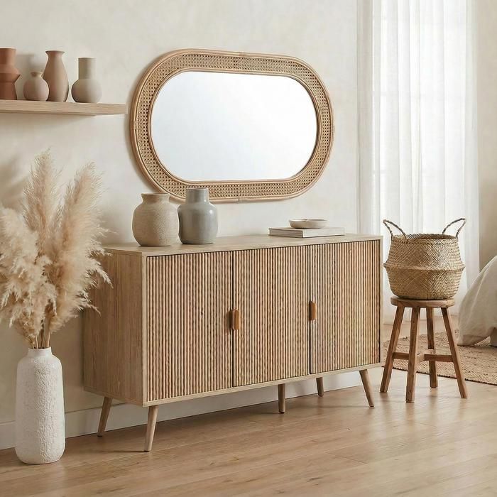 Buffet ALMA L 120 cm avec 3 Portes Décor Bois Coloris Chêne Design avec Façade à Lamelles Étagères Intérieures Meuble de Salon Buffet ALMA L 120 cm avec 3 Portes Décor Bois Coloris Chêne Design avec Façade à Lamelles Étagères Intérieures Meuble de Salon